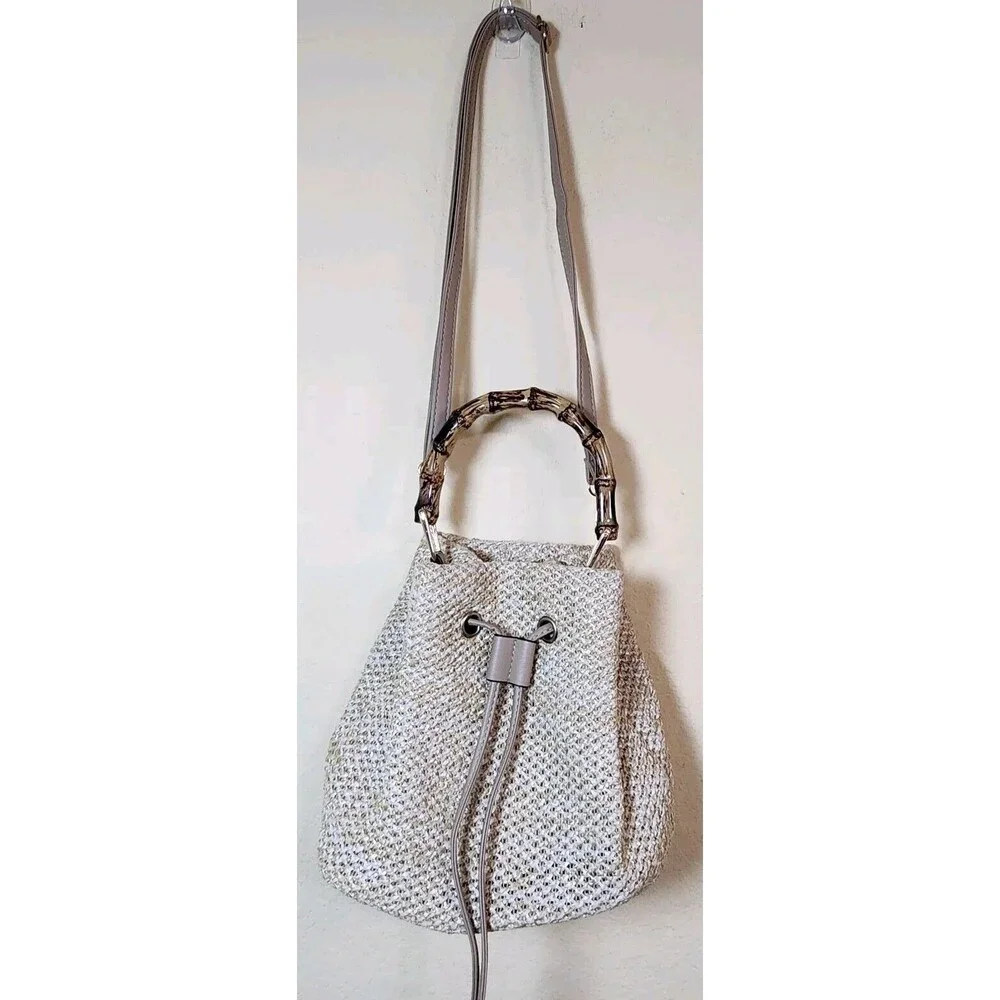 Cream Shoulder Bucket Bag Straw Rafia Leather Drawstring Hobo Beach Bamboo‎ Boho